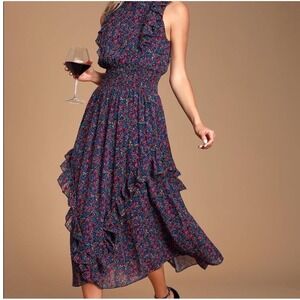 Lulus Evalina Navy Blue Floral Print Mock Neck Midi Dress Ruffled Tiered sz XXL